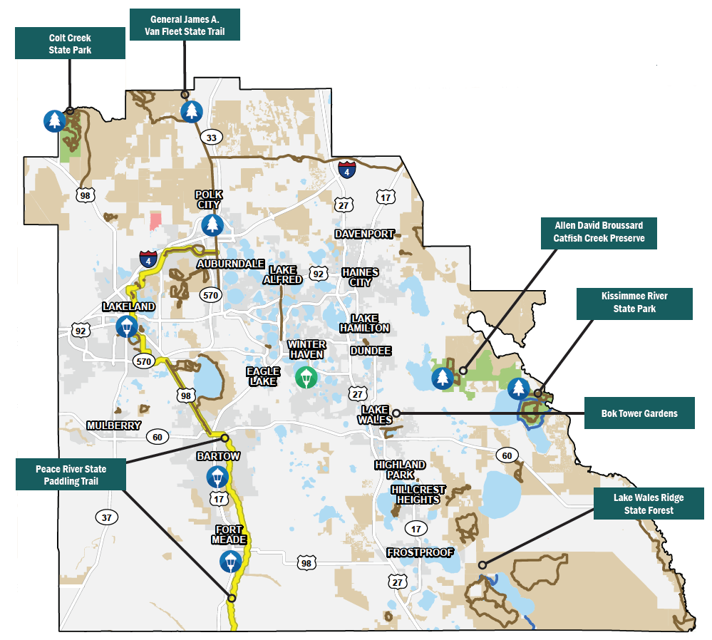 Polk county map showing trail towns, potential trail towns, and state parks.